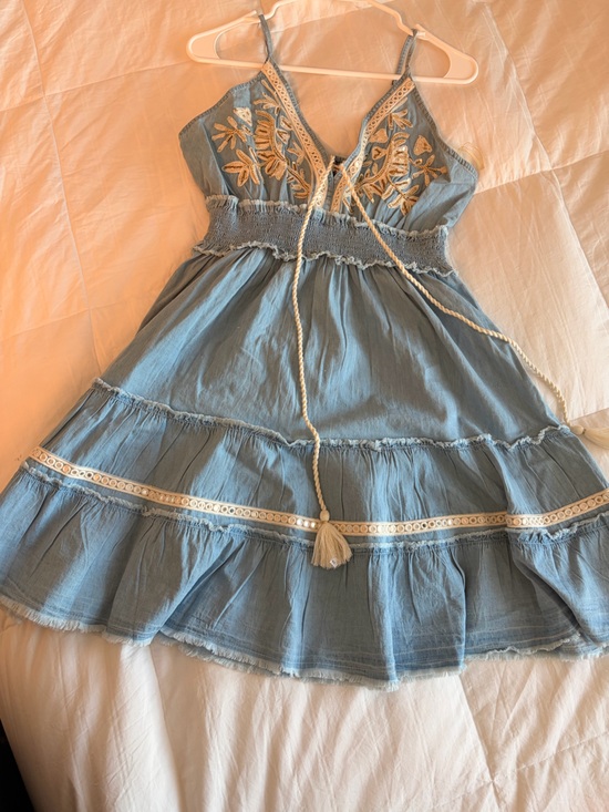 POL Dresses & Skirts - POL Light Blue Embroidered Camisole Dress with Tassel Tie